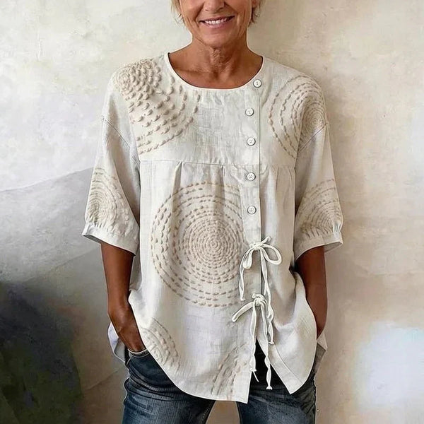 Damen Vintage Bluse Oversize Casual mit Schnürung und Spiralmuster