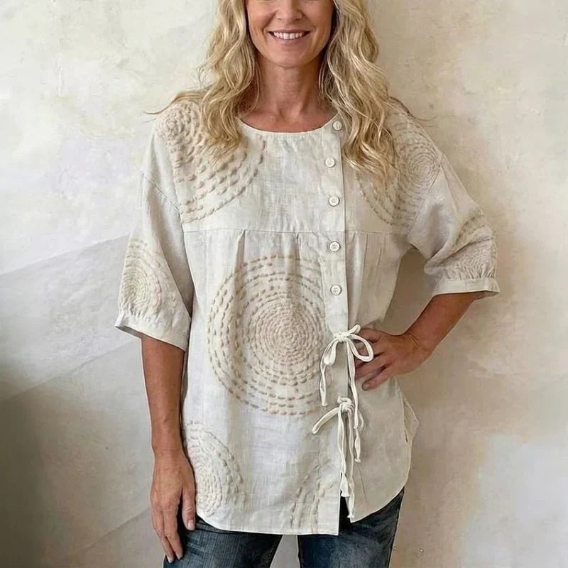 Damen Vintage Bluse Oversize Casual mit Schnürung und Spiralmuster