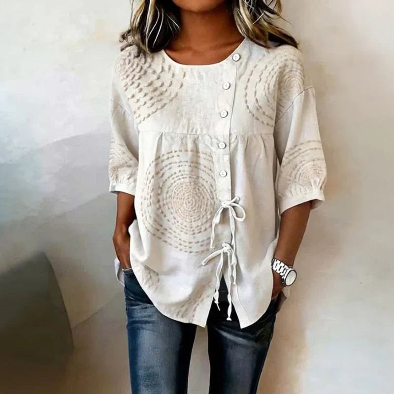 Damen Vintage Bluse Oversize Casual mit Schnürung und Spiralmuster