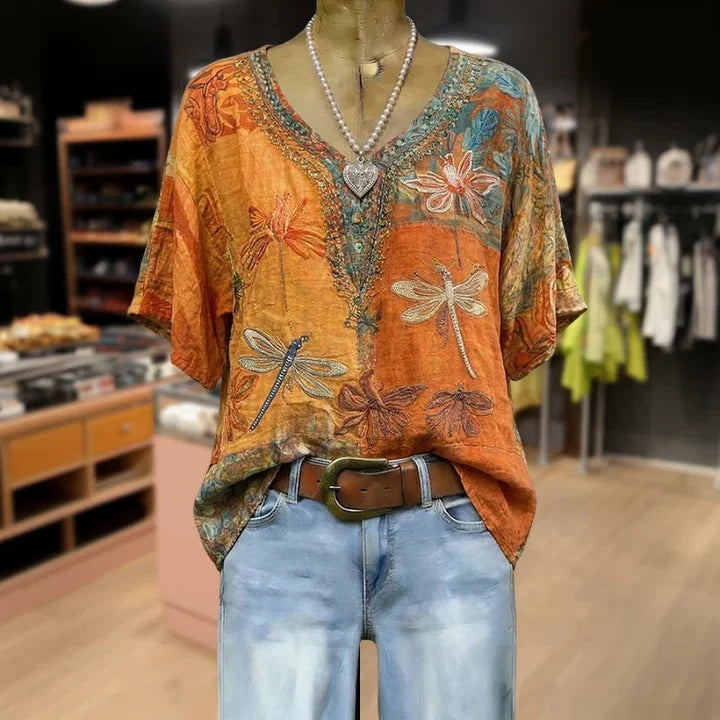 Damen Vintage Bluse Relaxed Fit Casual mit Libellenmuster