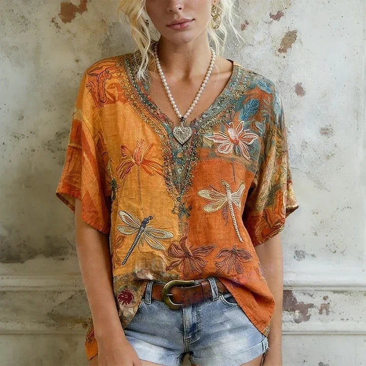 Damen Vintage Bluse Relaxed Fit Casual mit Libellenmuster