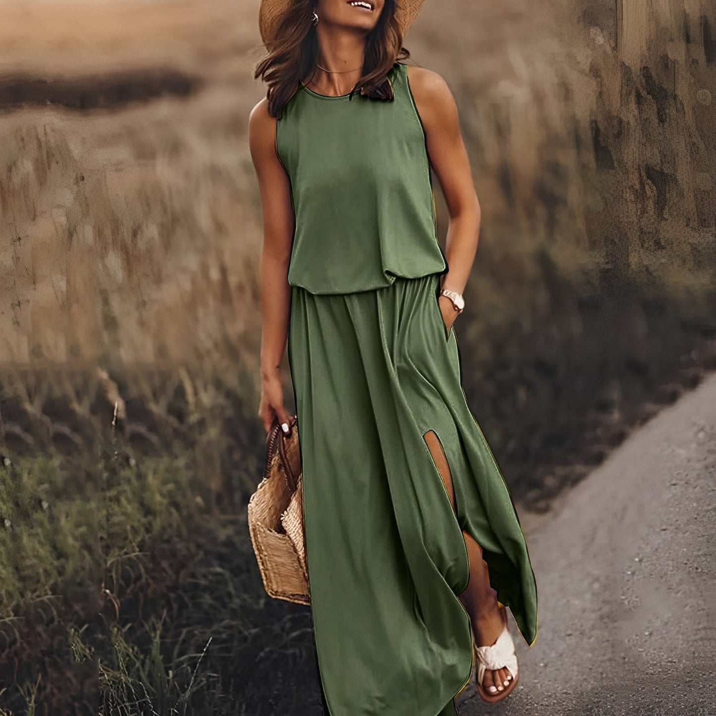 Raquel | Damen Ärmelloses Maxikleid mit Rundhalsausschnitt & Beinschlitz – Sommerlich, Elegant & Bequem