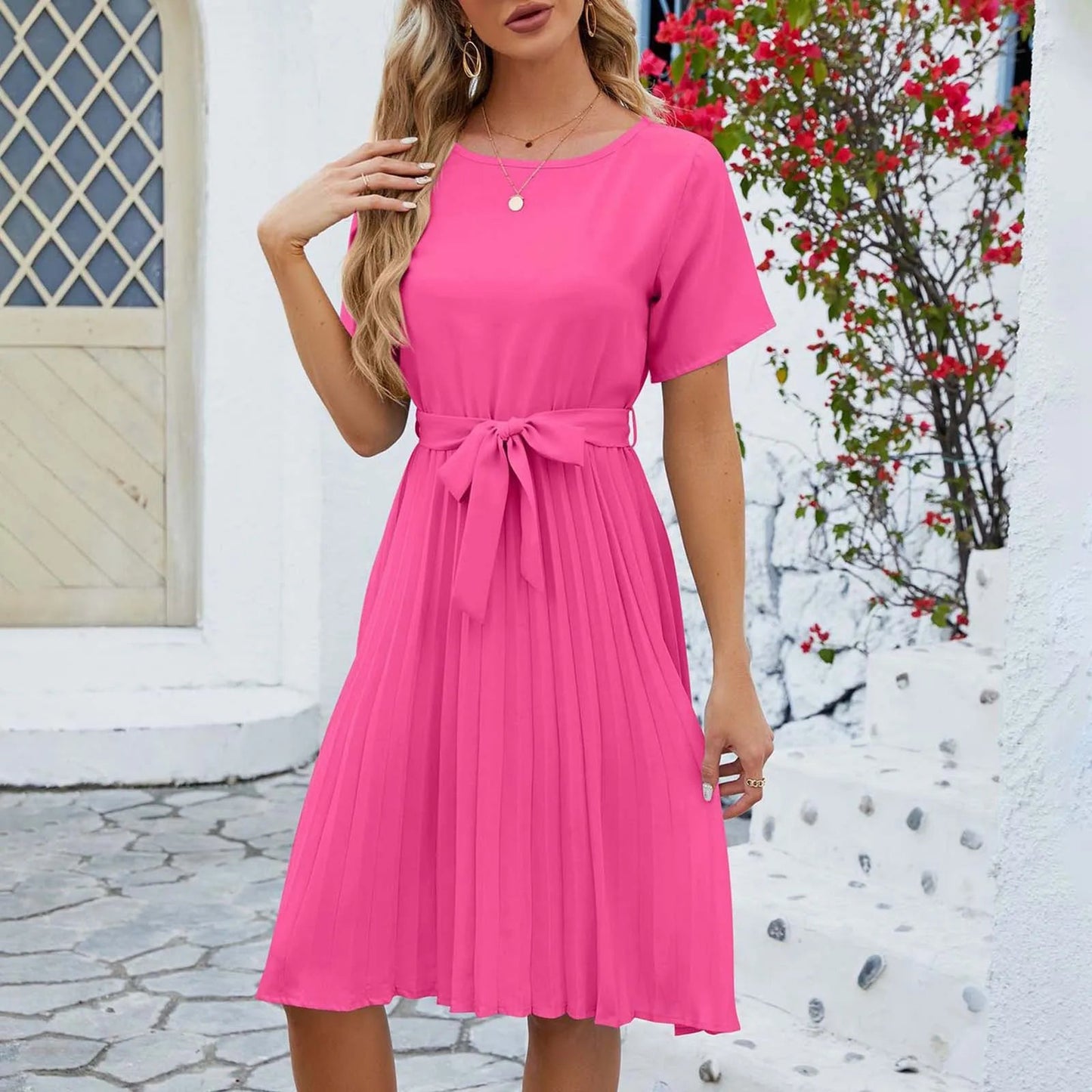 Fiete | Luftiges Damen Leinenkleid mit Taillengürtel, Kurzarm & Faltenrock – Sommerliches Midi-Kleid in Unifarbe