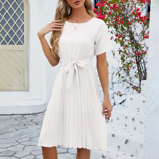 Fiete | Luftiges Damen Leinenkleid mit Taillengürtel, Kurzarm & Faltenrock – Sommerliches Midi-Kleid in Unifarbe