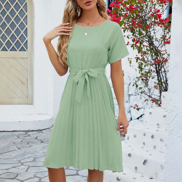 Fiete | Luftiges Damen Leinenkleid mit Taillengürtel, Kurzarm & Faltenrock – Sommerliches Midi-Kleid in Unifarbe