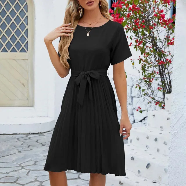Fiete | Luftiges Damen Leinenkleid mit Taillengürtel, Kurzarm & Faltenrock – Sommerliches Midi-Kleid in Unifarbe