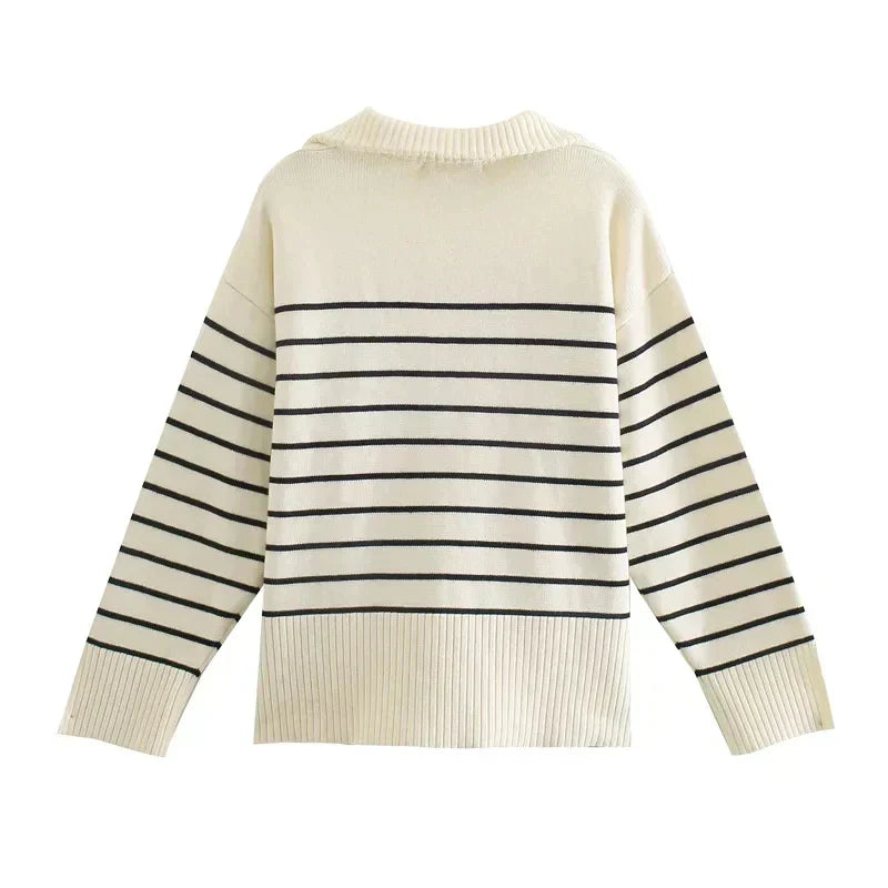 Damen Strickpullover Gestreift mit Halb-Zip