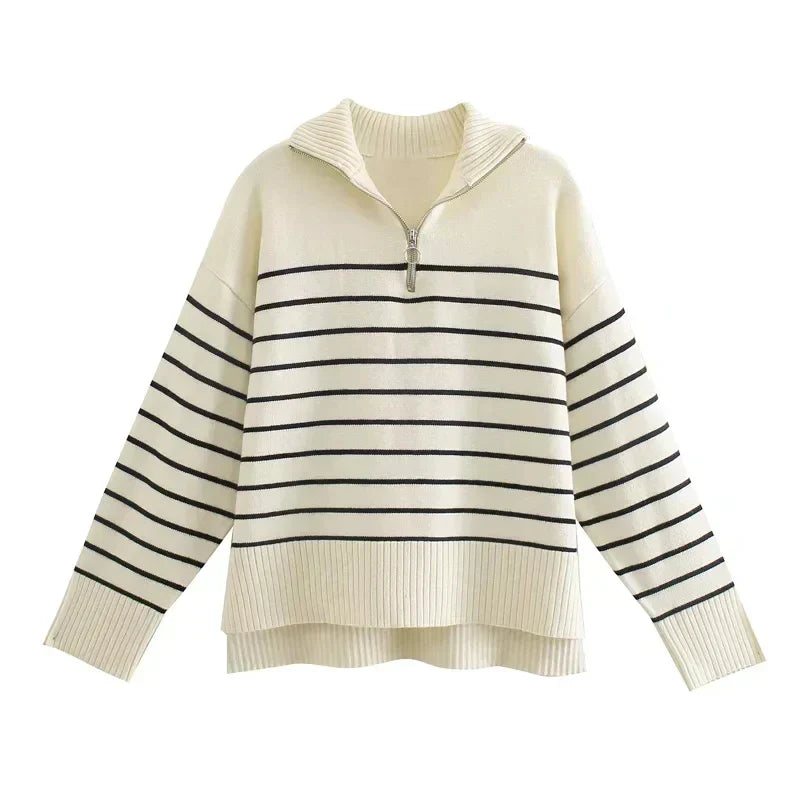 Damen Strickpullover Gestreift mit Halb-Zip