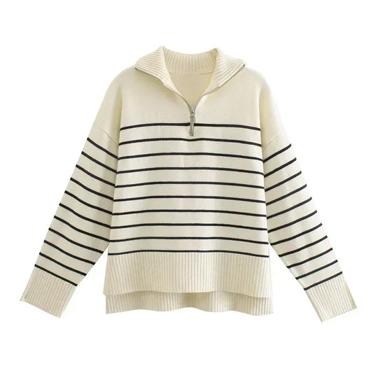 Damen Strickpullover Gestreift mit Halb-Zip