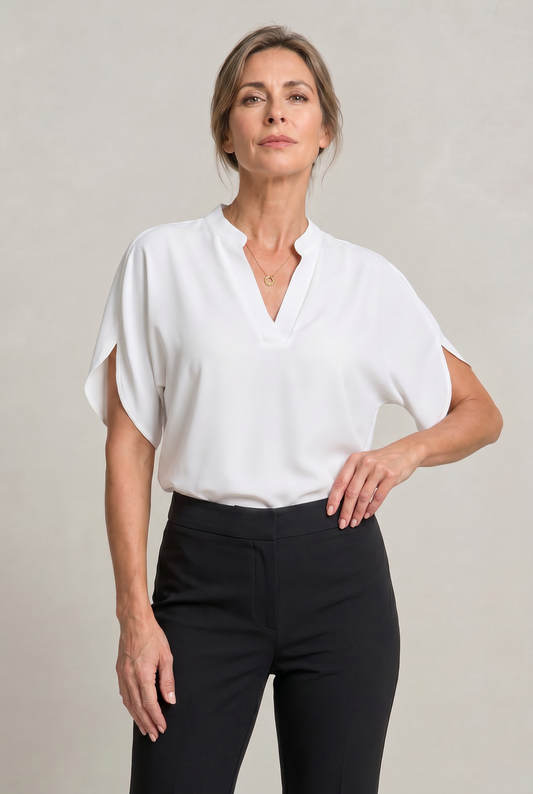 Damen V-Ausschnitt-Top Regular Fit mit Kragendetail und Kurzarm