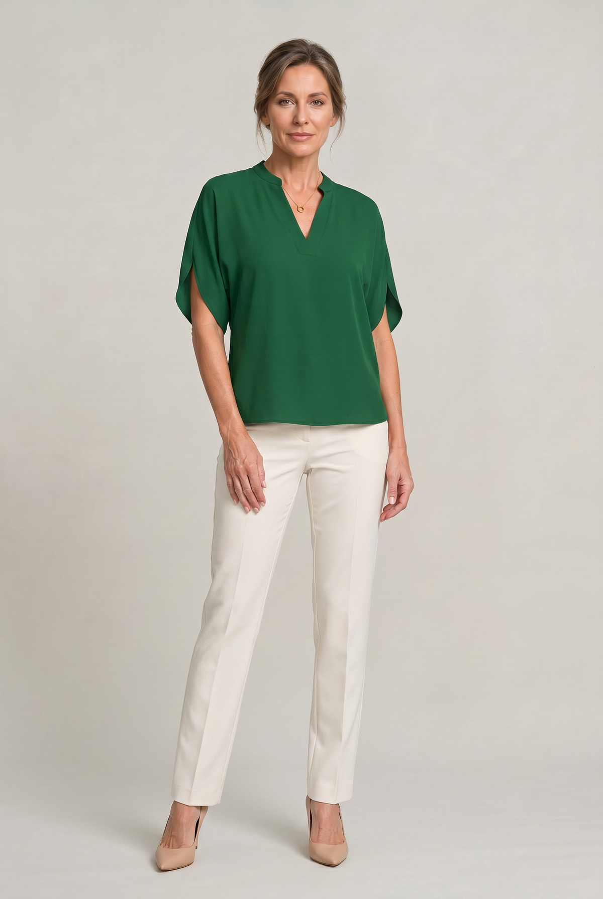 Damen V-Ausschnitt-Top Regular Fit mit Kragendetail und Kurzarm