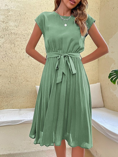 Natalia | Sommerliches Midi-Kleid mit Taillengürtel und Faltenrock – Kurzarm & Rundhalsausschnitt