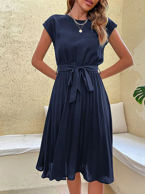 Sanna | Damen Sommerkleid mit Taillengürtel & Faltenrock – Kurzarm, Knielang & Figurschmeichelnd