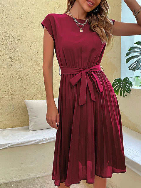 Sanna | Damen Sommerkleid mit Taillengürtel & Faltenrock – Kurzarm, Knielang & Figurschmeichelnd