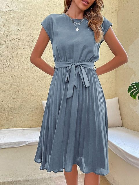 Sanna | Damen Sommerkleid mit Taillengürtel & Faltenrock – Kurzarm, Knielang & Figurschmeichelnd