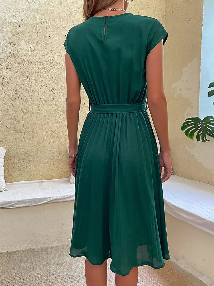 Sanna | Damen Sommerkleid mit Taillengürtel & Faltenrock – Kurzarm, Knielang & Figurschmeichelnd