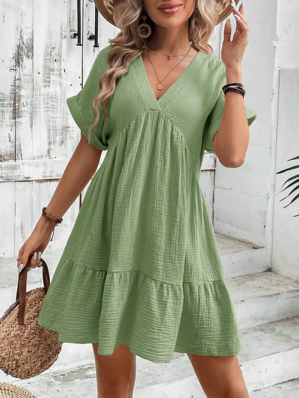 Elsinore | Klassisches Sommerkleid mit V‑Ausschnitt & umgeschlagenen Ärmeln | Luftig, elegant & vielseitig kombinierbar