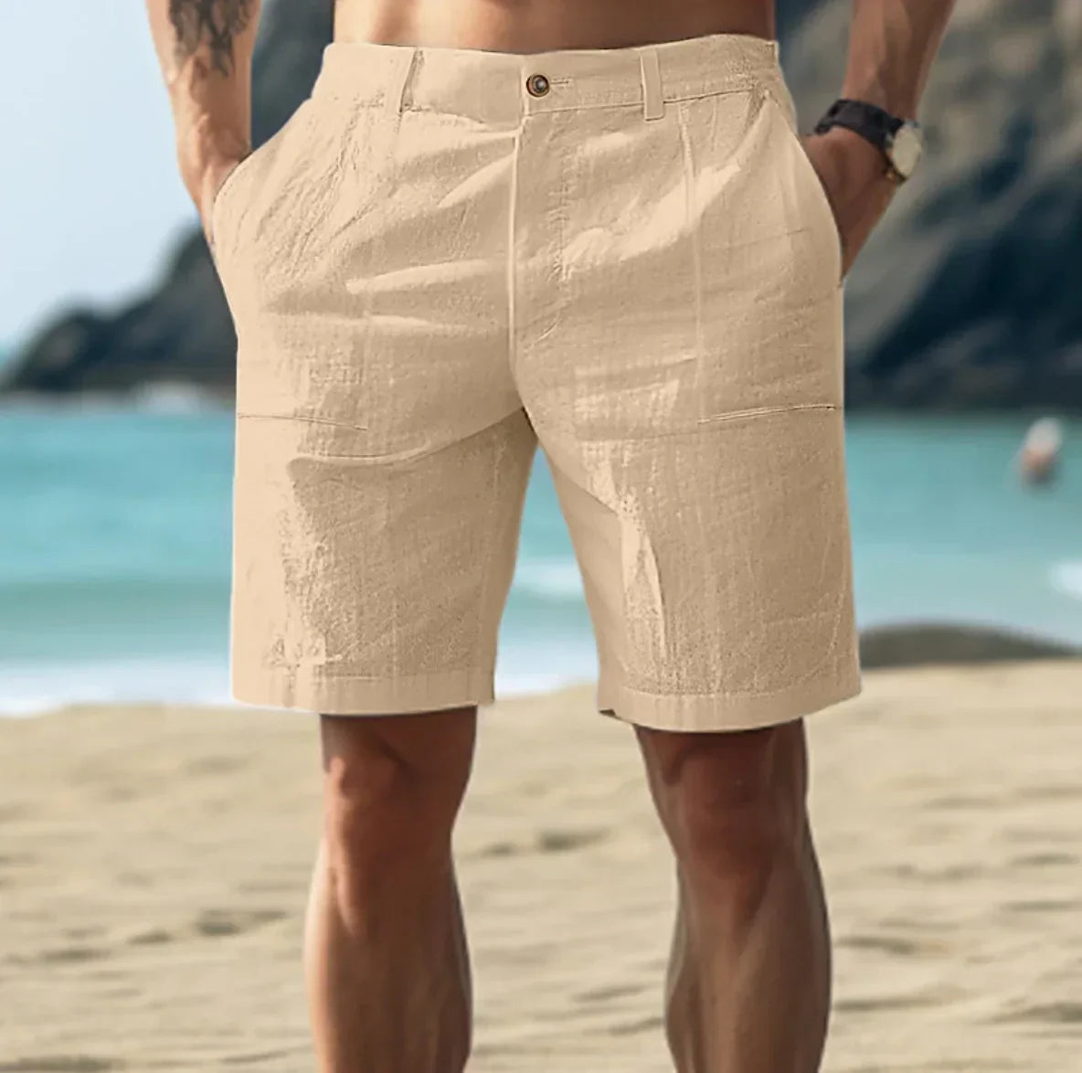 Herren Leinen Shorts Relaxed Fit Freizeit Sommer Kordelzug