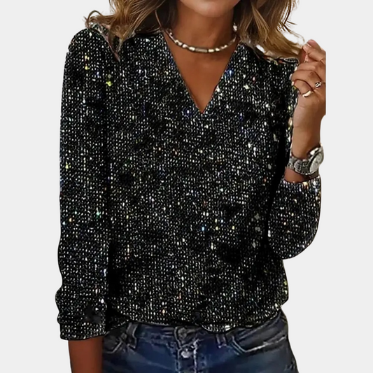 Damen Top Regular Fit mit Pailletten und V-Ausschnitt