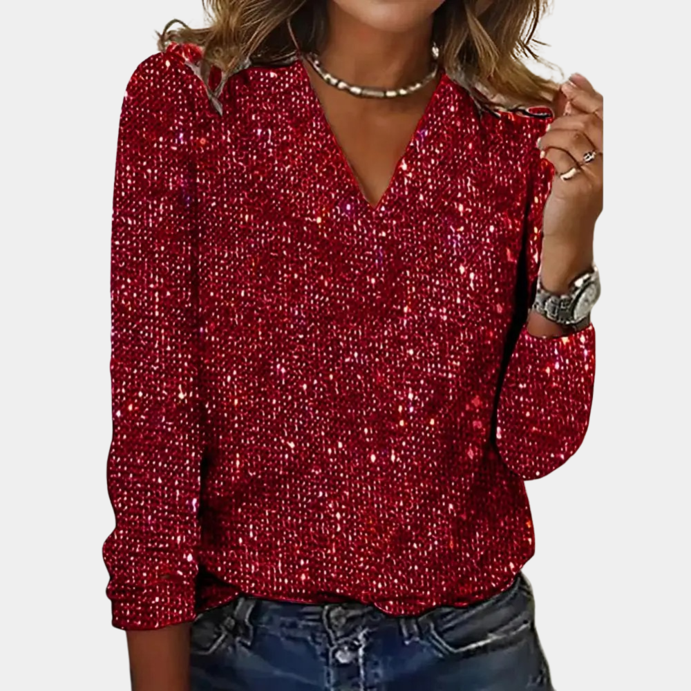 Damen Top Regular Fit mit Pailletten und V-Ausschnitt