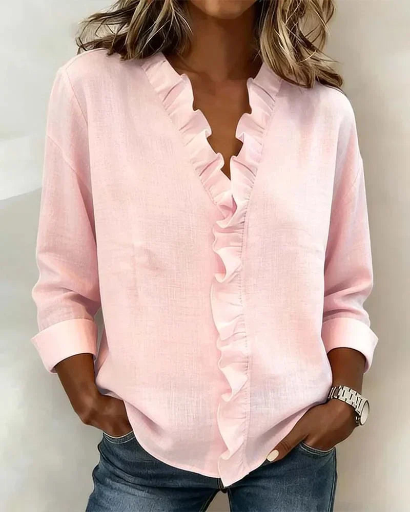 Damen Rüschenshirt Relaxed Fit mit V-Ausschnitt und Dreiviertelärmeln