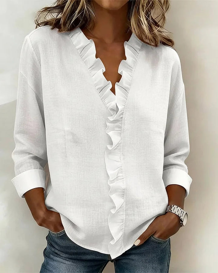 Damen Rüschenshirt Relaxed Fit mit V-Ausschnitt und Dreiviertelärmeln