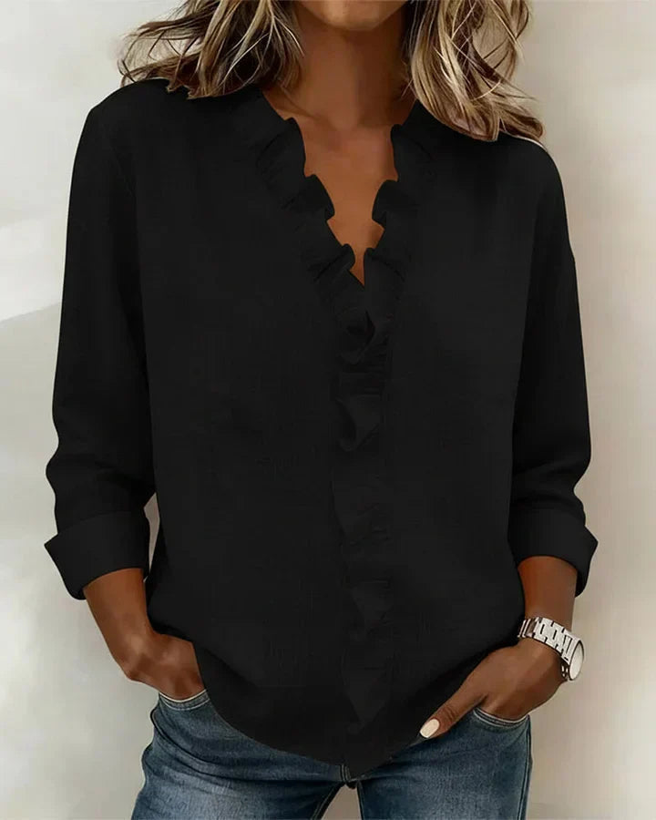 Damen Rüschenshirt Relaxed Fit mit V-Ausschnitt und Dreiviertelärmeln