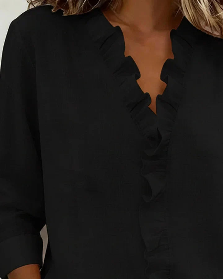 Damen Rüschenshirt Relaxed Fit mit V-Ausschnitt und Dreiviertelärmeln