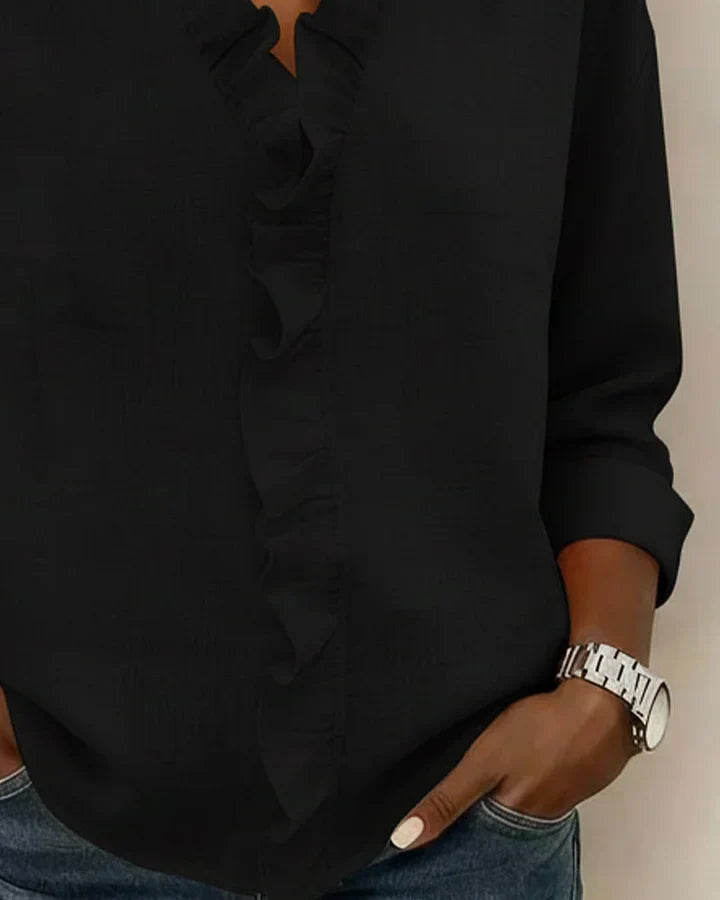 Damen Rüschenshirt Relaxed Fit mit V-Ausschnitt und Dreiviertelärmeln