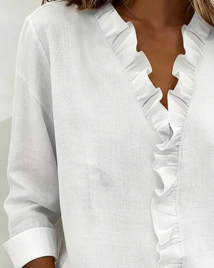 Damen Rüschenshirt Relaxed Fit mit V-Ausschnitt und Dreiviertelärmeln