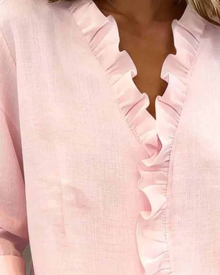 Damen Rüschenshirt Relaxed Fit mit V-Ausschnitt und Dreiviertelärmeln