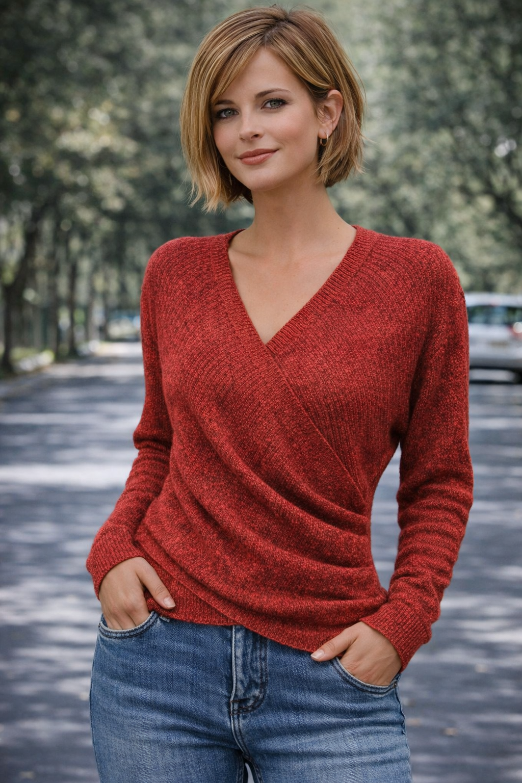 Damen Pullover Wickeldesign mit V-Ausschnitt
