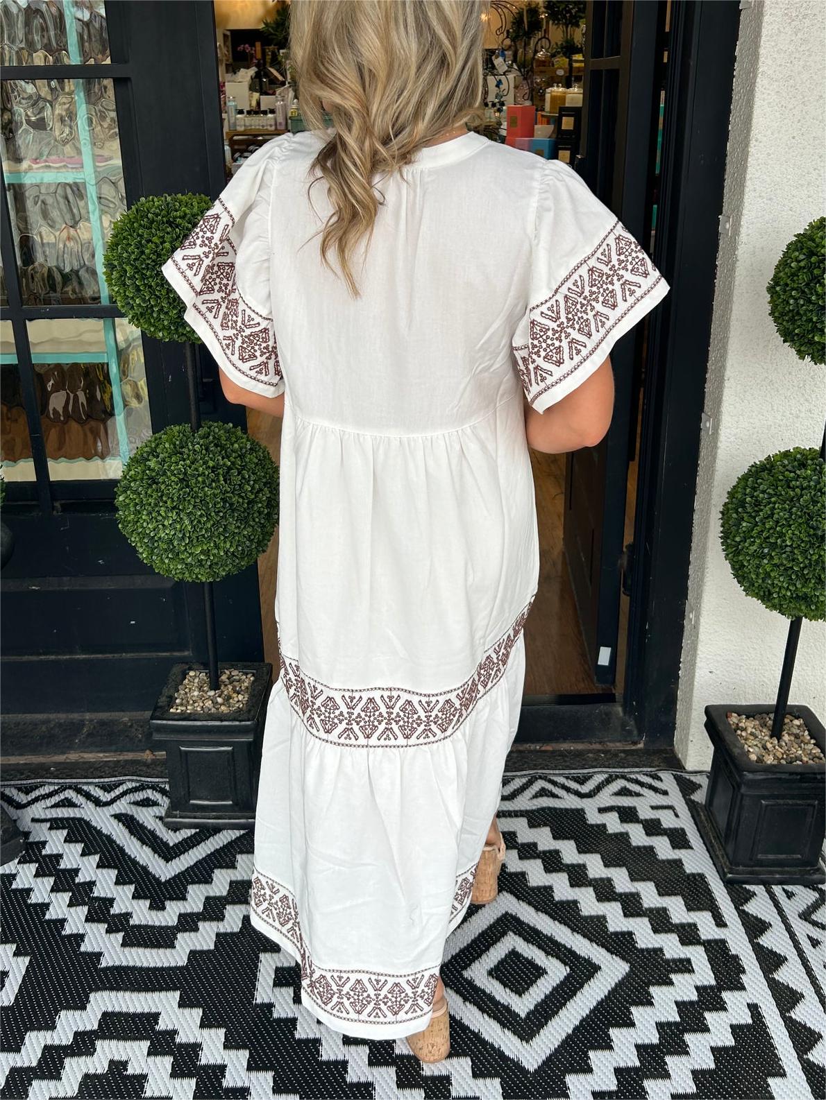 Celestia | Ibiza Style Midi Kleid – V-Ausschnitt, Weite Ärmel & Lockere Passform