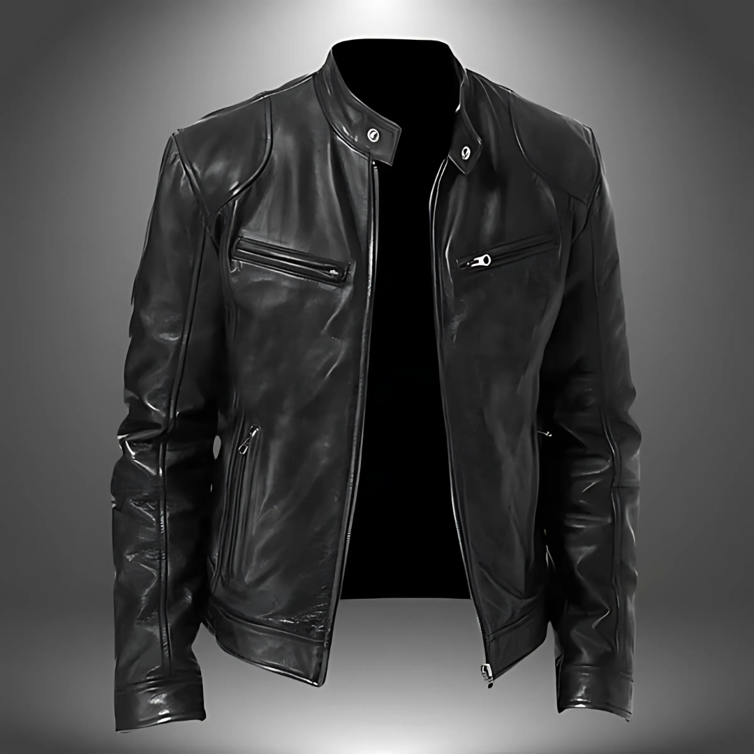 Herren Lederjacke Slim Fit Casual mit Stehkragen