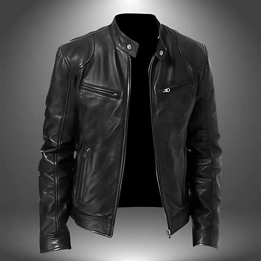 Herren Lederjacke Slim Fit Casual mit Stehkragen