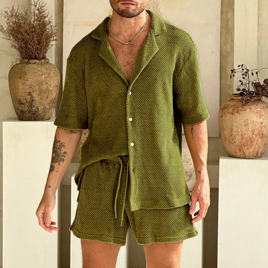 Lässiges Herren-Set aus Waffelstrick | Hemd & Shorts