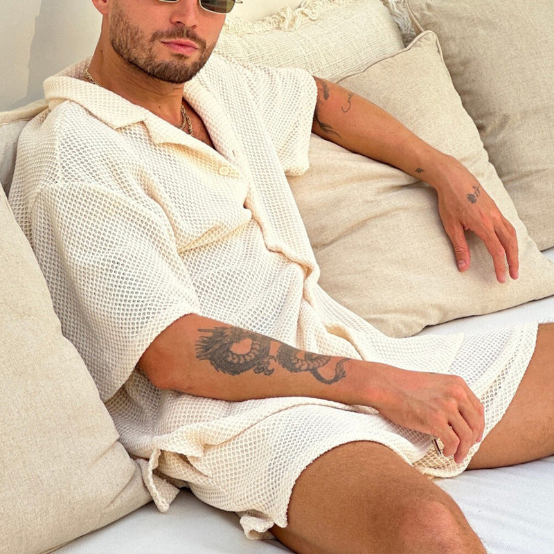 Lässiges Herren-Set aus Waffelstrick | Hemd & Shorts