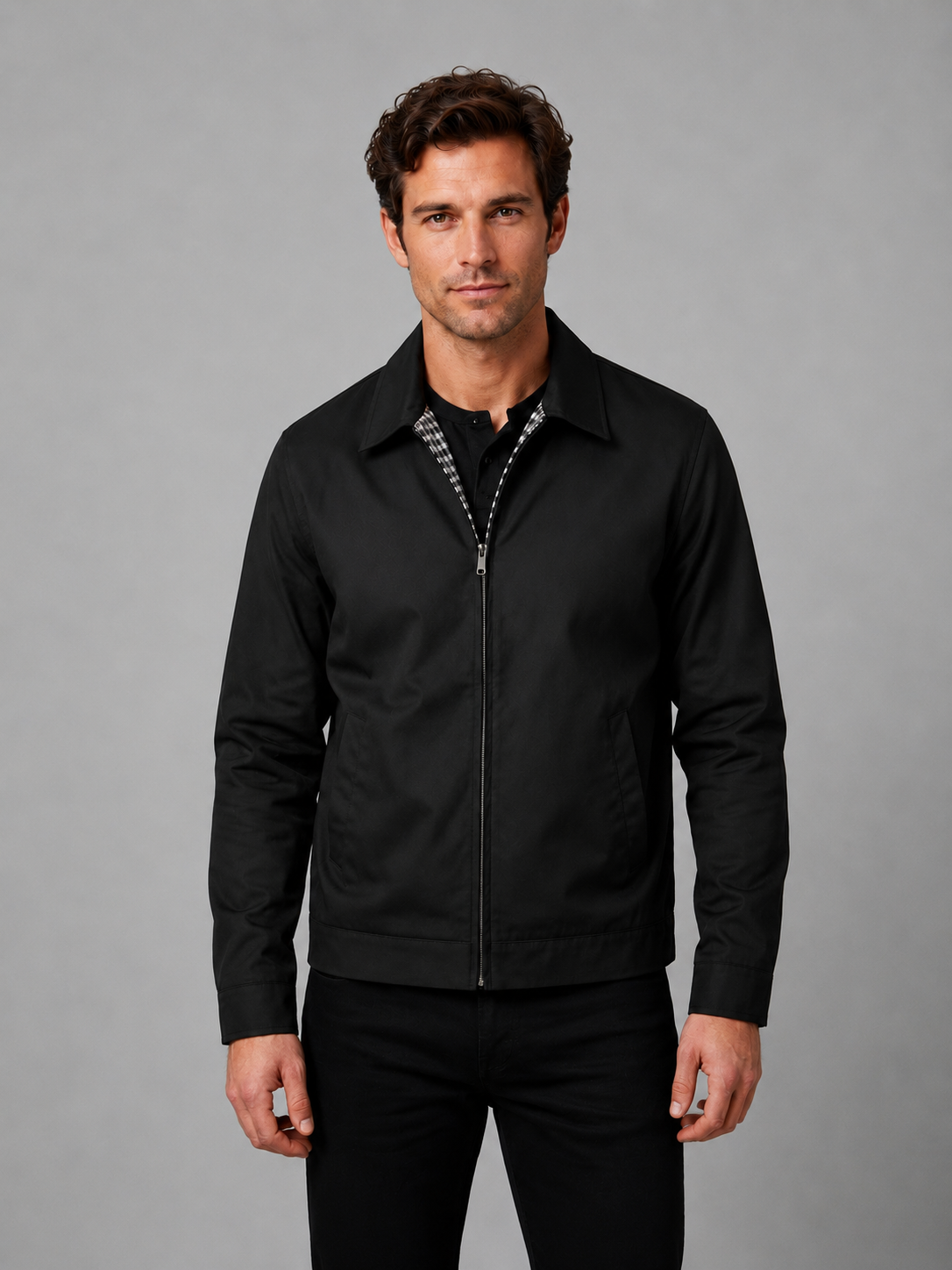 Herren Zip-Jacke Slim Fit mit durchgehendem Reißverschluss und Punktkragen