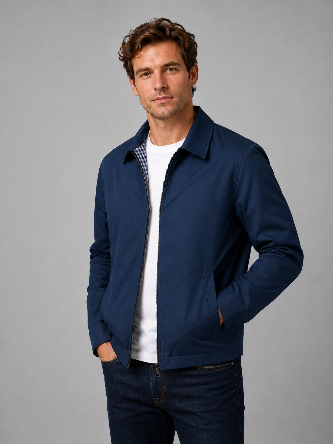 Herren Zip-Jacke Slim Fit mit durchgehendem Reißverschluss und Punktkragen