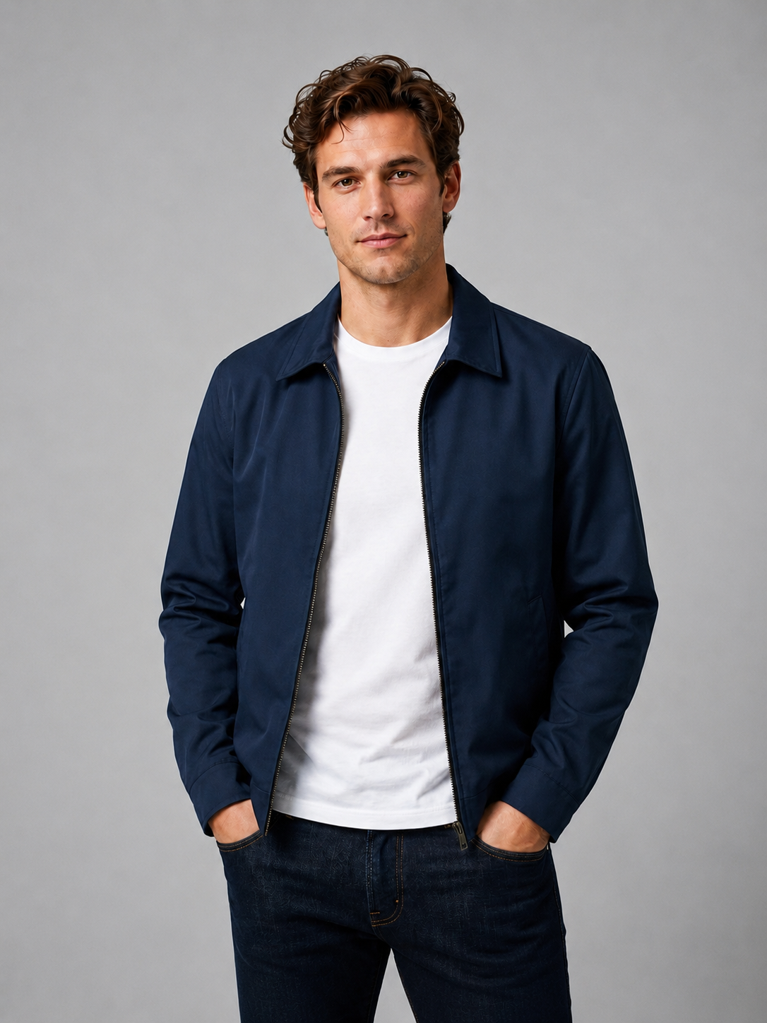 Herren Zip-Jacke Slim Fit mit durchgehendem Reißverschluss und Punktkragen