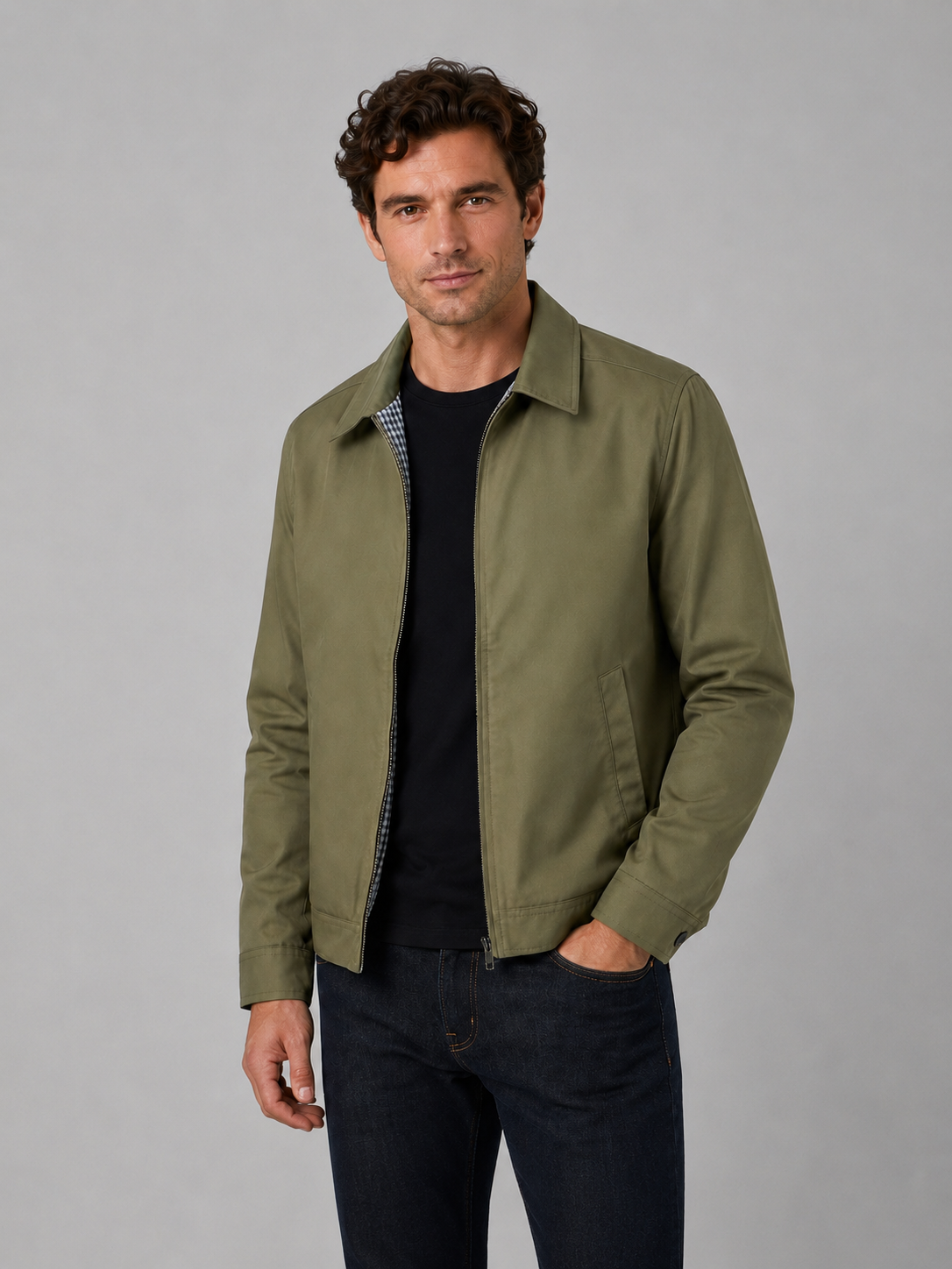 Herren Zip-Jacke Slim Fit mit durchgehendem Reißverschluss und Punktkragen