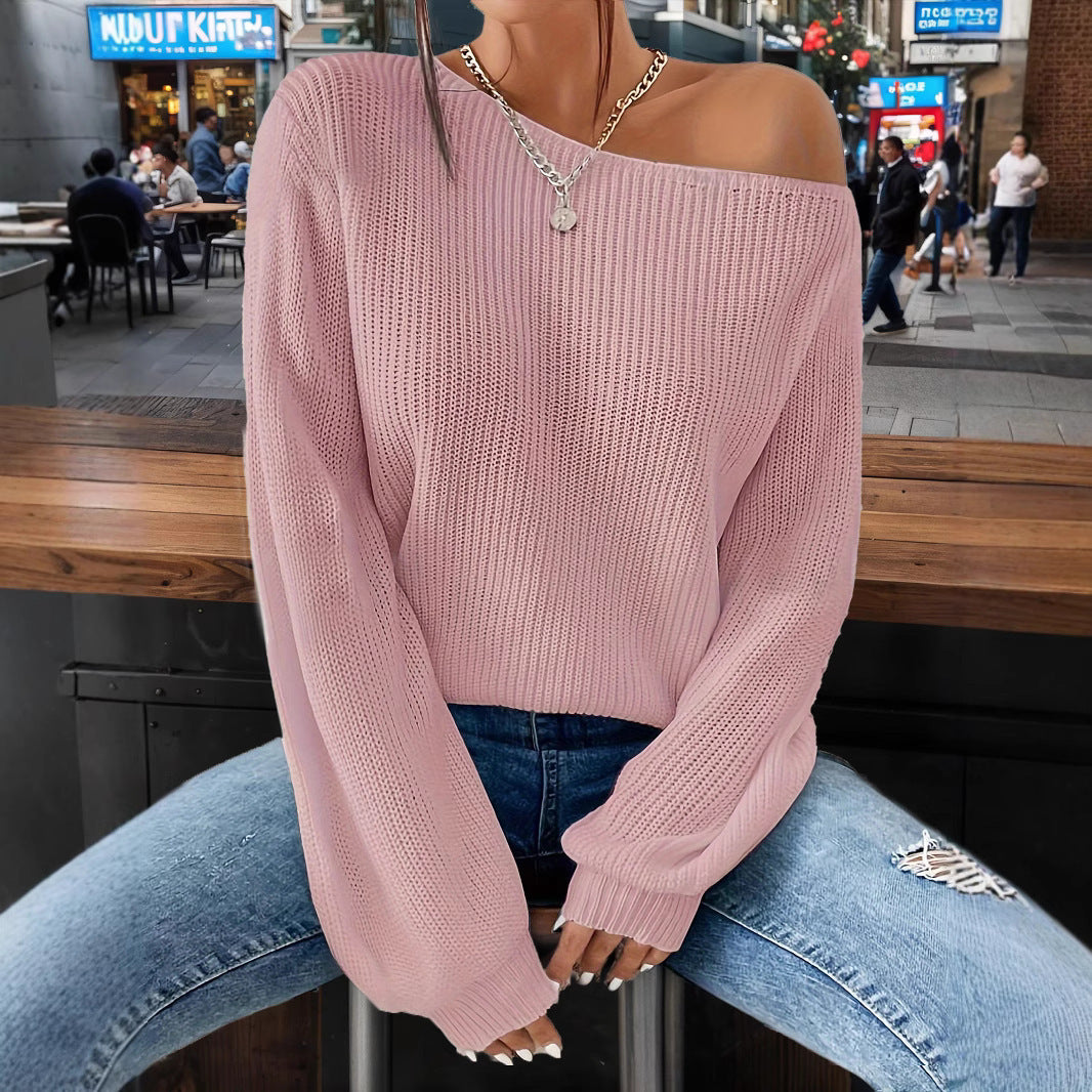 Damen Strickpullover Relaxed Fit Schulterfrei mit Rippstruktur