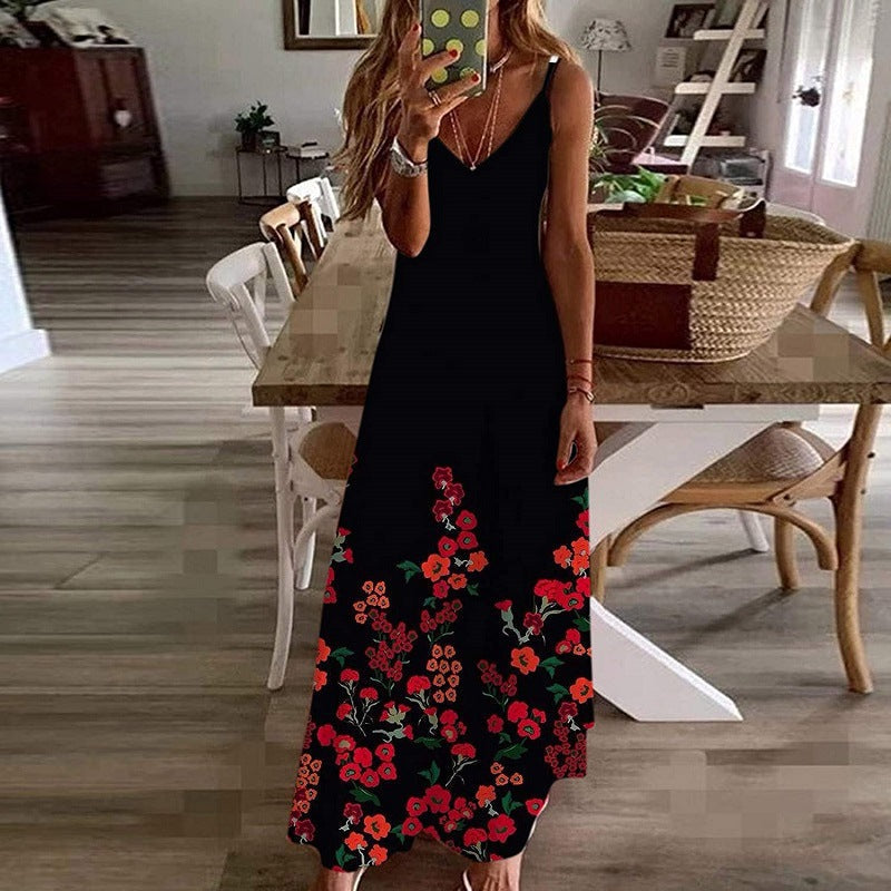 Ovany | Damen Maxikleid mit V-Ausschnitt aus Baumwolle – Blumenprint & Spaghettiträger – Luftiger Sommer-Look