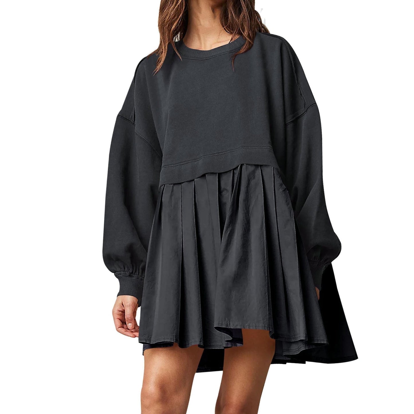 Aurora | Oversized Sweatshirt Kleid mit Plissee-Rock – Casual Mini-Look mit Rundhals und Bischofsärmeln