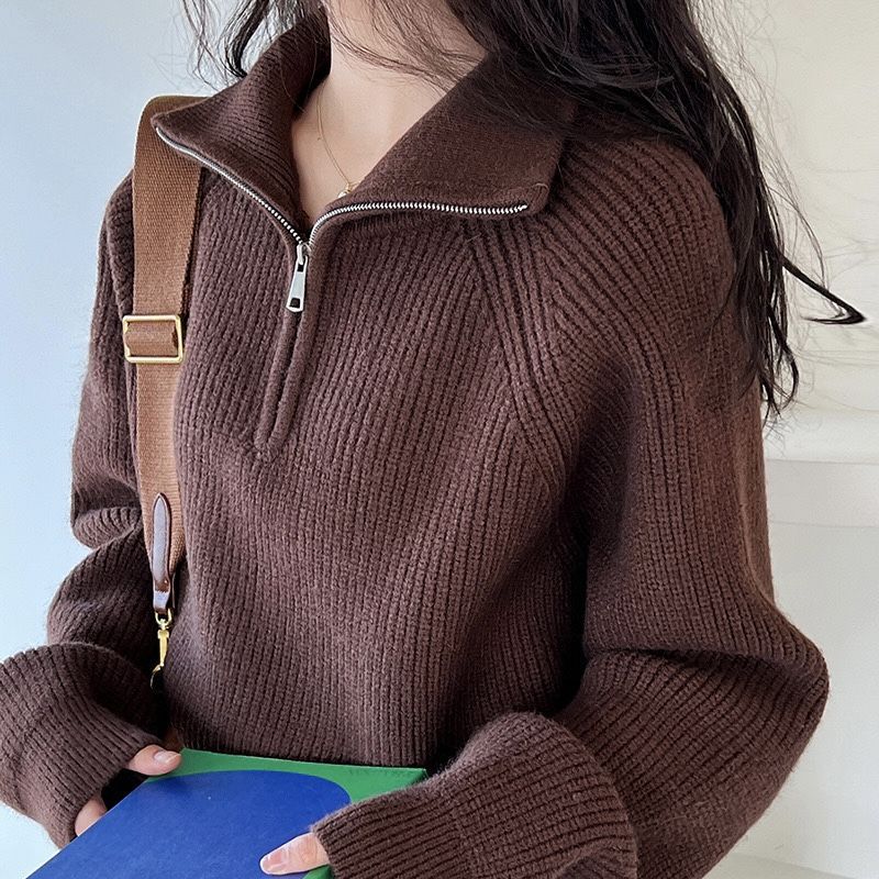 Damen Oversize Pullover mit Viertel-Reißverschluss