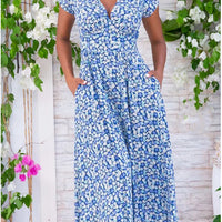 Helga | Geblümtes Boho-Midikleid mit V-Ausschnitt & kurzen Ärmeln für Sommer und Alltag
