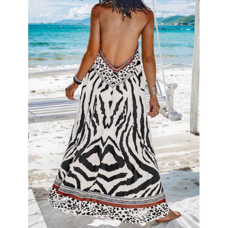 Gerina | Sommerliches Maxi-Halterneck-Kleid mit V-Ausschnitt, Spaghettiträgern & leichtem Printstoff