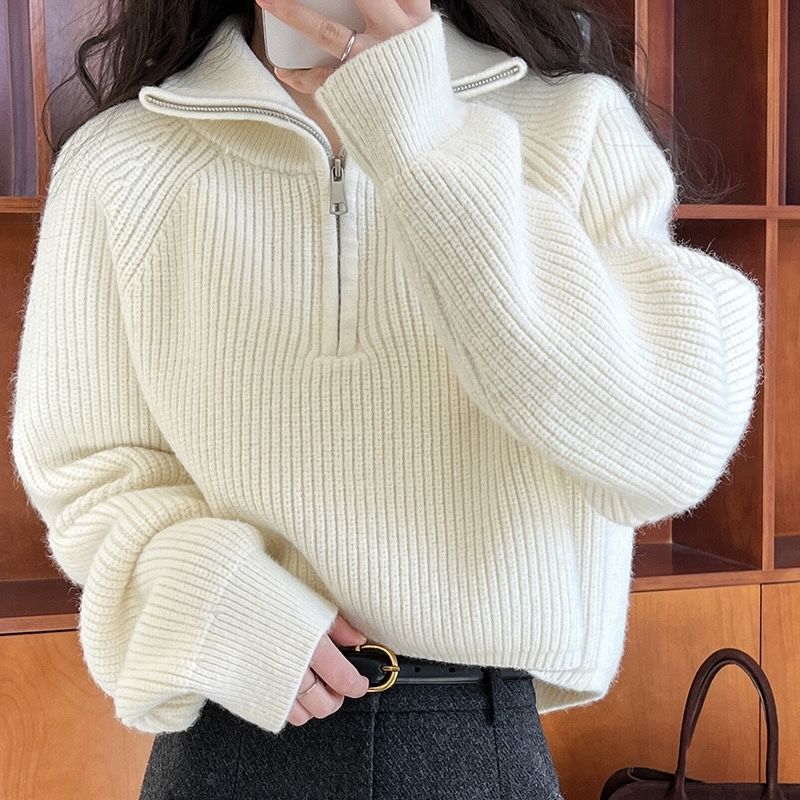 Damen Oversize Pullover mit Viertel-Reißverschluss