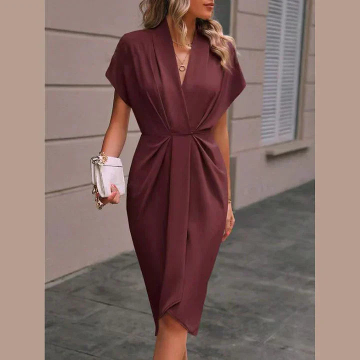 Quirine | Sommerliches V-Ausschnitt Midikleid mit Taillierung & kurzen Ärmeln – Locker & Elegant für Alltag & Events
