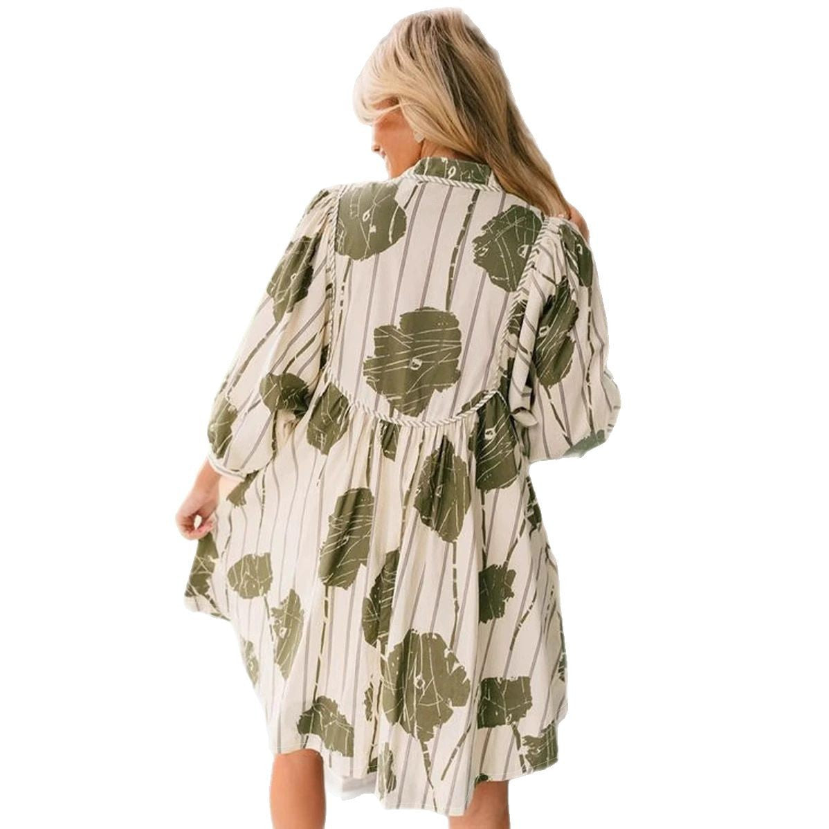Amoret | Damen Sommerkleid mit V-Ausschnitt & stilvollem Print – Locker sitzendes Minikleid mit eleganten Ballonärmeln